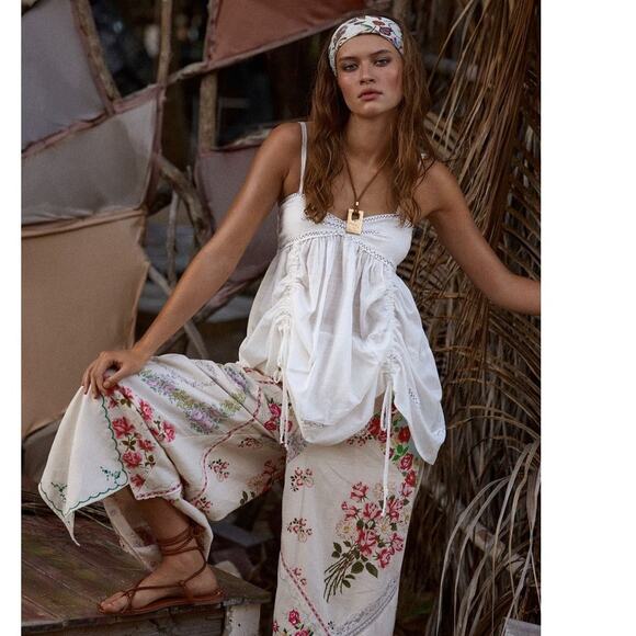 By Anthropologie Patchwork Linen Wide-Leg Crop Pants - Picture 10 of 10